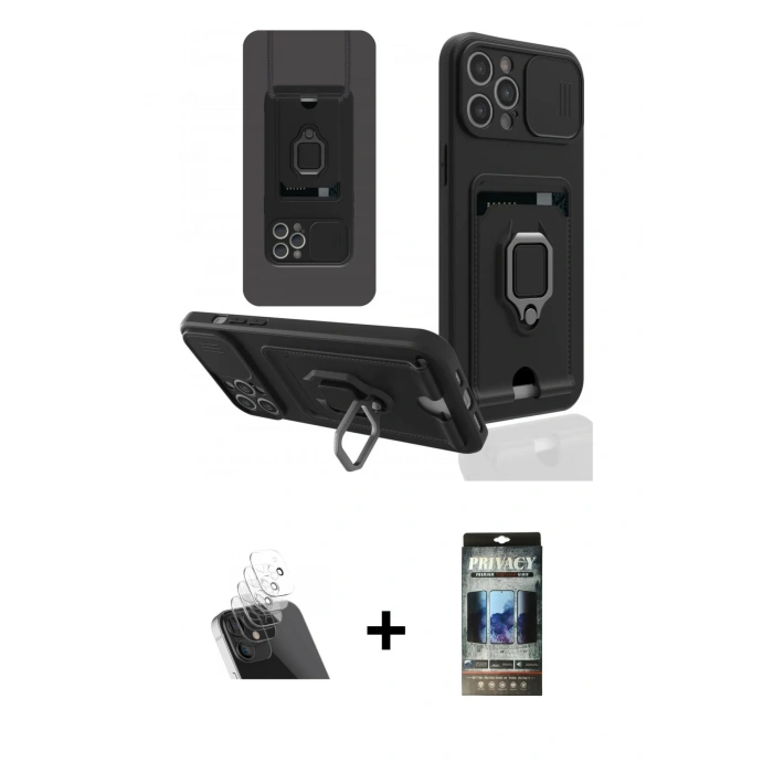 MARSİLYAN™- iPhone 12 Pro Kılıf Vadi Form Prime - Siyah 34D Hayalet Izgaralı Cam + Şeffaf Kamera Lens Koruma Cam