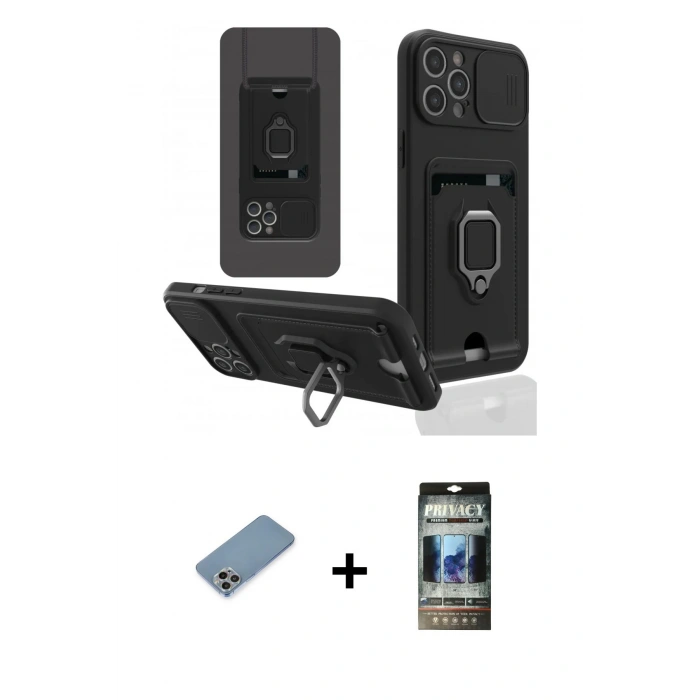 MARSİLYAN™- iPhone 12 Pro Kılıf Vadi Form Prime - Siyah 34D Hayalet Izgaralı Cam + Shine Kamera Lens Koruma Cam - GI