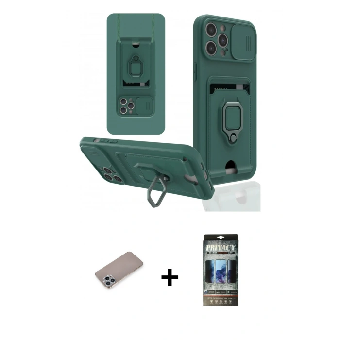 MARSİLYAN™- iPhone 12 Pro Kılıf Vadi Form Prime - Siyah 34D Hayalet Izgaralı Cam + Sierra Blue Shine Kamera Lens Koruma Cam