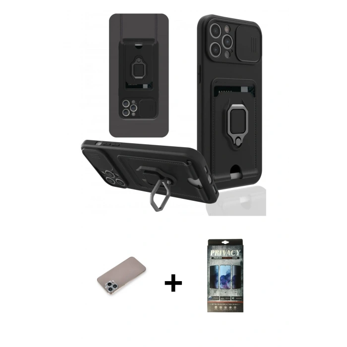 MARSİLYAN™- iPhone 12 Pro Kılıf Vadi Form Prime - Siyah 34D Hayalet Izgaralı Cam + Sierra Blue Shine Kamera Lens Koruma Cam