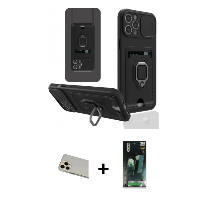 MARSİLYAN™- iPhone 12 Pro Kılıf Vadi Form Prime - Siyah 360 Mat Full Body Arka Koruyucu + Rainbow Kamera Lens Koruma Cam - GD