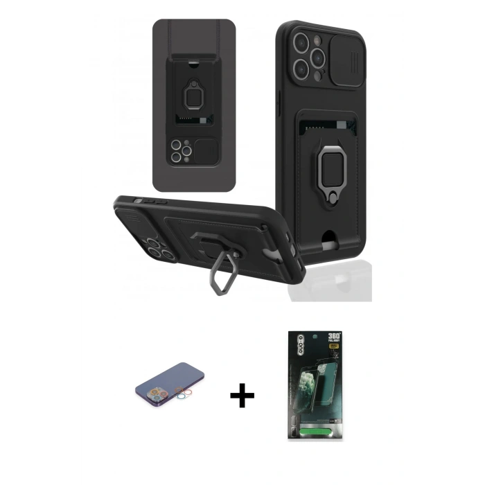 MARSİLYAN™- iPhone 12 Pro Kılıf Vadi Form Prime - Siyah 360 Mat Full Body Arka Koruyucu + Renkli Kamera Lens Koruma Cam - PE