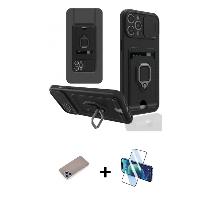 MARSİLYAN™- iPhone 12 Pro Kılıf Vadi Form Prime - Siyah 3D Antistatik Cam Ekran Koruyucu + Shine Kamera Lens Koruma Cam - SABE