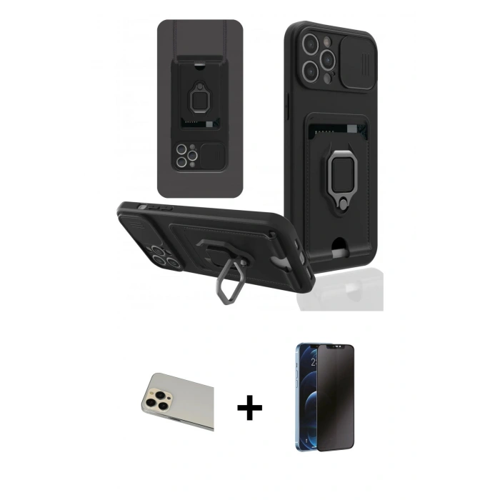MARSİLYAN™- iPhone 12 Pro Kılıf Vadi Form Prime - Siyah 3D Antistatik Hayalet Cam Ekran Koruyucu + Rainbow Kamera Lens Koruma Cam - GD