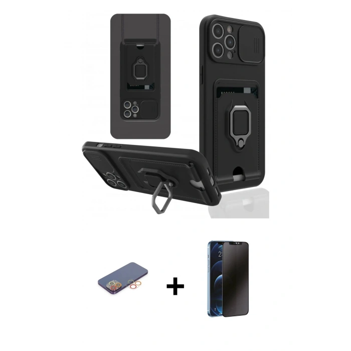 MARSİLYAN™- iPhone 12 Pro Kılıf Vadi Form Prime - Siyah 3D Antistatik Hayalet Cam Ekran Koruyucu + Renkli Kamera Lens Koruma Cam - TU