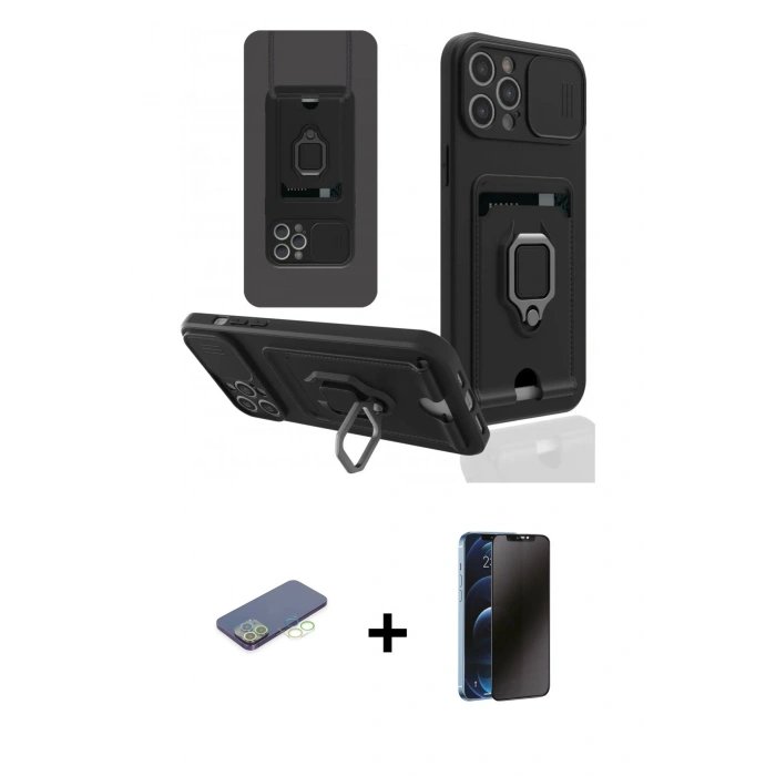 MARSİLYAN™- iPhone 12 Pro Kılıf Vadi Form Prime - Siyah 3D Antistatik Hayalet Cam Ekran Koruyucu + Renkli Kamera Lens Koruma Cam - YL