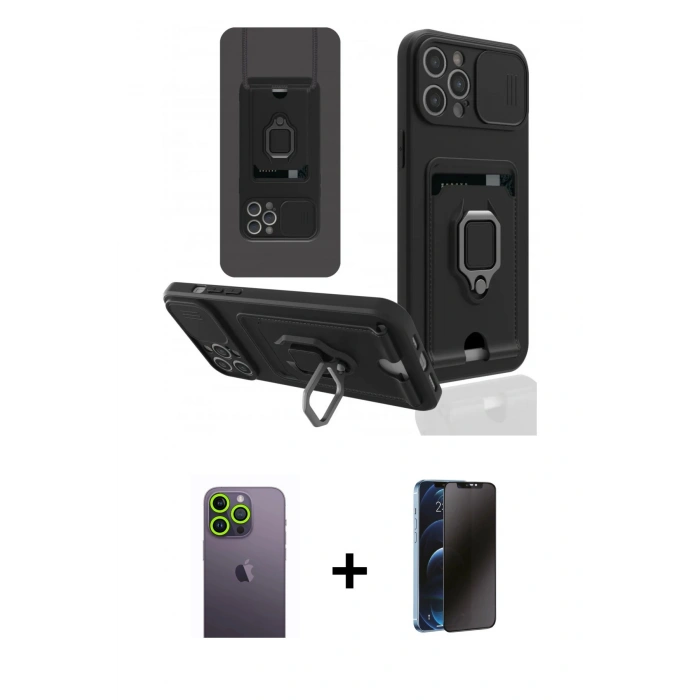 MARSİLYAN™- iPhone 12 Pro Kılıf Vadi Form Prime - Siyah 3D Antistatik Hayalet Cam Ekran Koruyucu + Neon Fosforlu Kamera Lens - YL