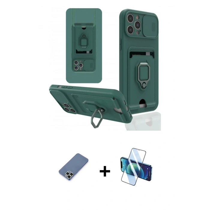 MARSİLYAN™- iPhone 12 Pro Kılıf Vadi Form Prime - Siyah 3D Antistatik Seramik Nano Ekran Koruyucu + Açık Yeşil Metal Kamera Lens Koruma Cam