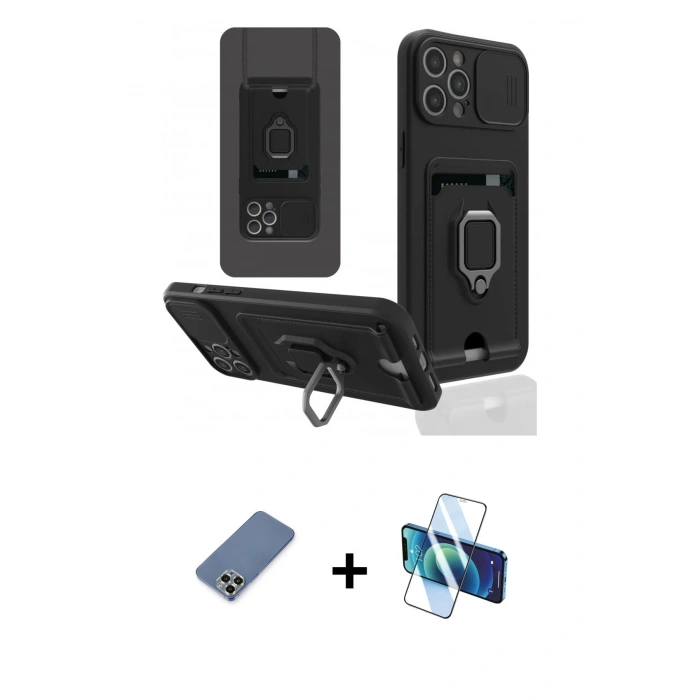 MARSİLYAN™- iPhone 12 Pro Kılıf Vadi Form Prime - Siyah 3D Antistatik Seramik Nano Ekran Koruyucu + Açık Yeşil Metal Kamera Lens Koruma Cam