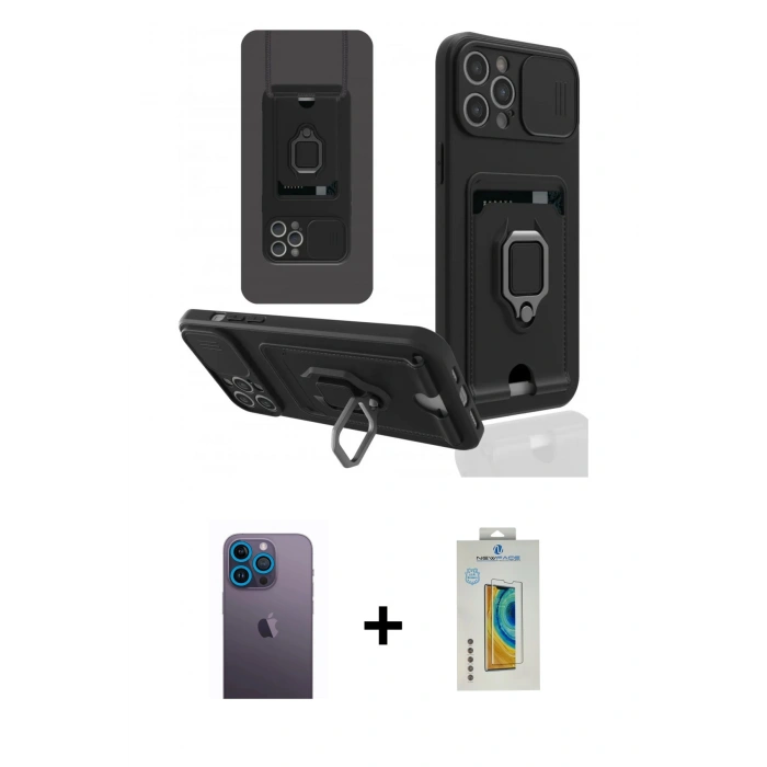 MARSİLYAN™- iPhone 12 Pro Kılıf Vadi Form Prime - Siyah Polymer Nano Ekran Koruyucu + Mavi Neon Fosforlu Kamera Lens