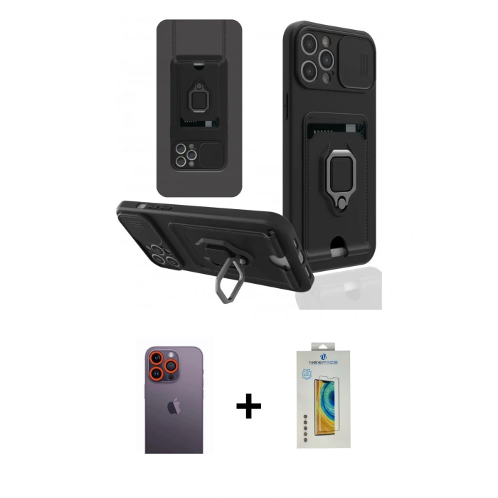 MARSİLYAN™- iPhone 12 Pro Kılıf Vadi Form Prime - Siyah Polymer Nano Ekran Koruyucu + Neon Fosforlu Kamera Lens - TU