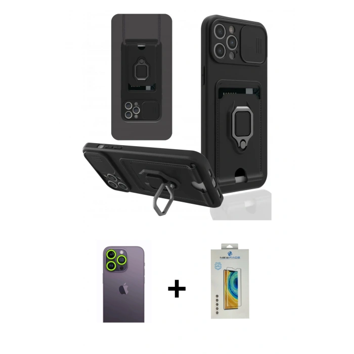 MARSİLYAN™- iPhone 12 Pro Kılıf Vadi Form Prime - Siyah Polymer Nano Ekran Koruyucu + Yeşil Neon Fosforlu Kamera Lens