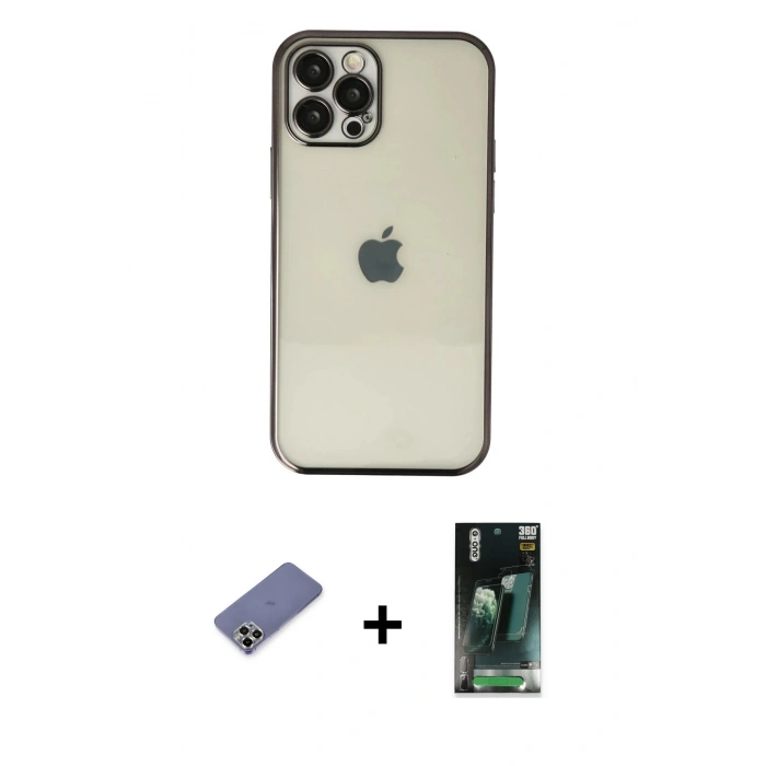 MARSİLYAN™- iPhone 12 Pro Kılıf Vadi Minimal - Şeffaf 360 Full Body Arka Koruyucu + Metal Kamera Lens Koruma Cam - GD
