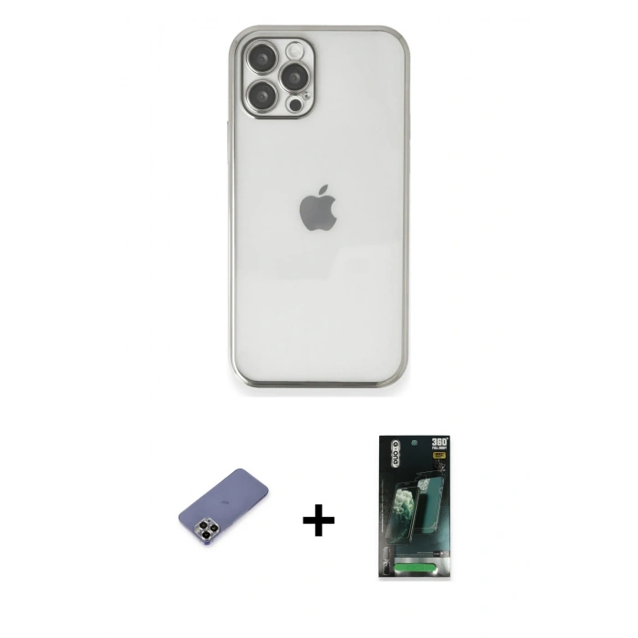 MARSİLYAN™- iPhone 12 Pro Kılıf Vadi Minimal - Şeffaf 360 Full Body Arka Koruyucu + Metal Kamera Lens Koruma Cam - GD