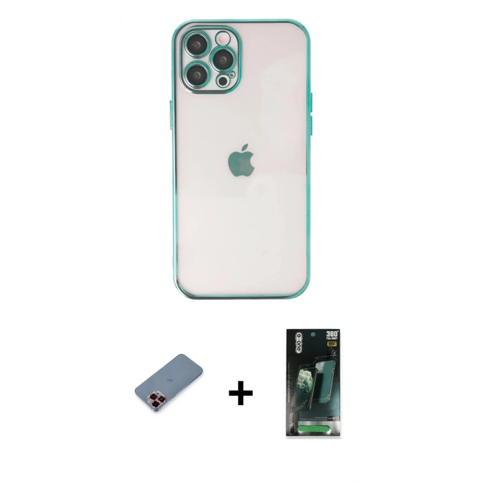 MARSİLYAN™- iPhone 12 Pro Kılıf Vadi Minimal - Şeffaf 360 Full Body Arka Koruyucu + Metal Kamera Lens Koruma Cam - KI