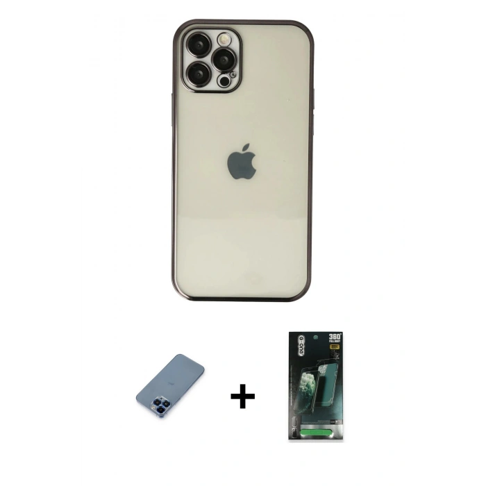 MARSİLYAN™- iPhone 12 Pro Kılıf Vadi Minimal - Şeffaf 360 Full Body Arka Koruyucu + Metal Kamera Lens Koruma Cam - MI