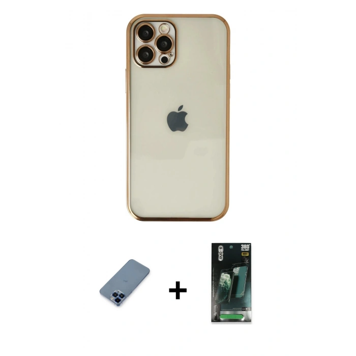MARSİLYAN™- iPhone 12 Pro Kılıf Vadi Minimal - Şeffaf 360 Full Body Arka Koruyucu + Metal Kamera Lens Koruma Cam - MI