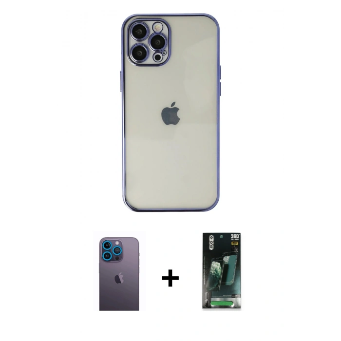 MARSİLYAN™- iPhone 12 Pro Kılıf Vadi Minimal - Şeffaf 360 Full Body Arka Koruyucu + Neon Fosforlu Kamera Lens - MI