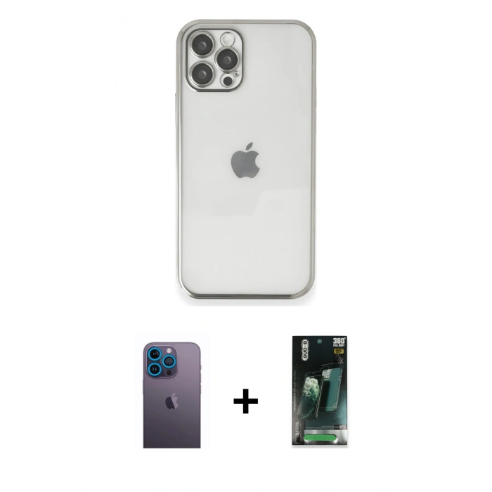 MARSİLYAN™- iPhone 12 Pro Kılıf Vadi Minimal - Şeffaf 360 Full Body Arka Koruyucu + Neon Fosforlu Kamera Lens - MI