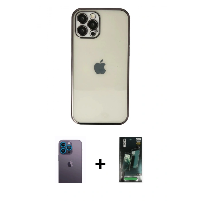 MARSİLYAN™- iPhone 12 Pro Kılıf Vadi Minimal - Şeffaf 360 Full Body Arka Koruyucu + Neon Fosforlu Kamera Lens - MI