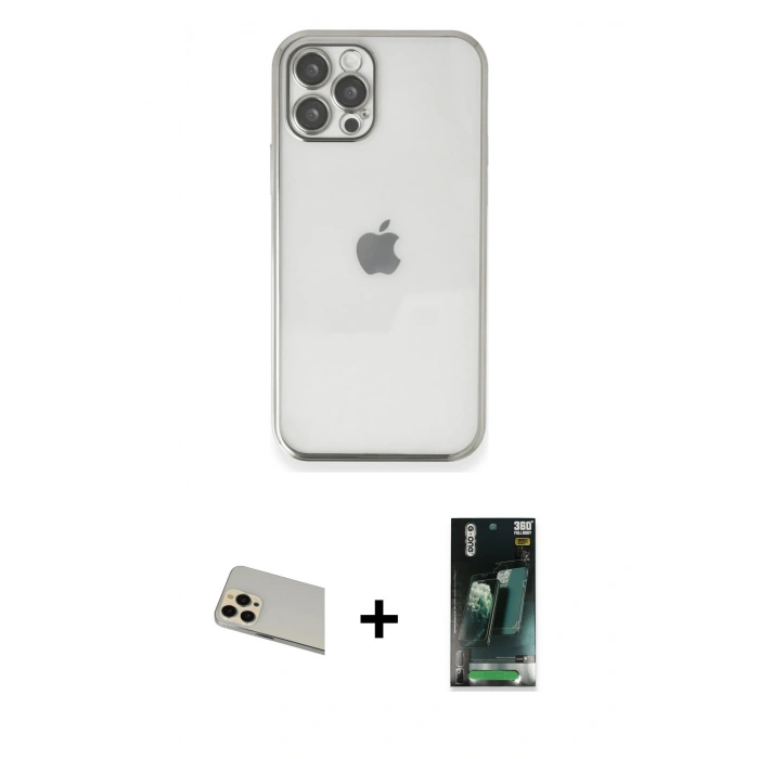 MARSİLYAN™- iPhone 12 Pro Kılıf Vadi Minimal - Şeffaf 360 Full Body Arka Koruyucu + Rainbow Kamera Lens Koruma Cam - GD