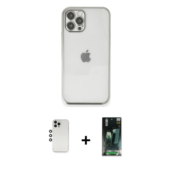 MARSİLYAN™- iPhone 12 Pro Kılıf Vadi Minimal - Şeffaf 360 Full Body Arka Koruyucu + Shine Kamera Lens - GS
