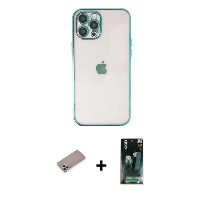 MARSİLYAN™- iPhone 12 Pro Kılıf Vadi Minimal - Şeffaf 360 Full Body Arka Koruyucu + Shine Kamera Lens Koruma Cam - SABE