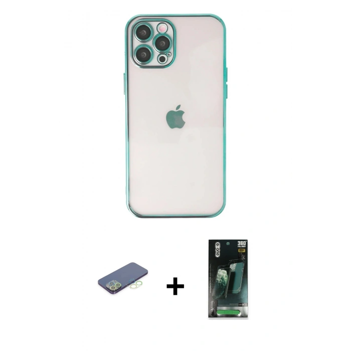 MARSİLYAN™- iPhone 12 Pro Kılıf Vadi Minimal - Şeffaf 360 Full Body Arka Koruyucu + Renkli Kamera Lens Koruma Cam - YL