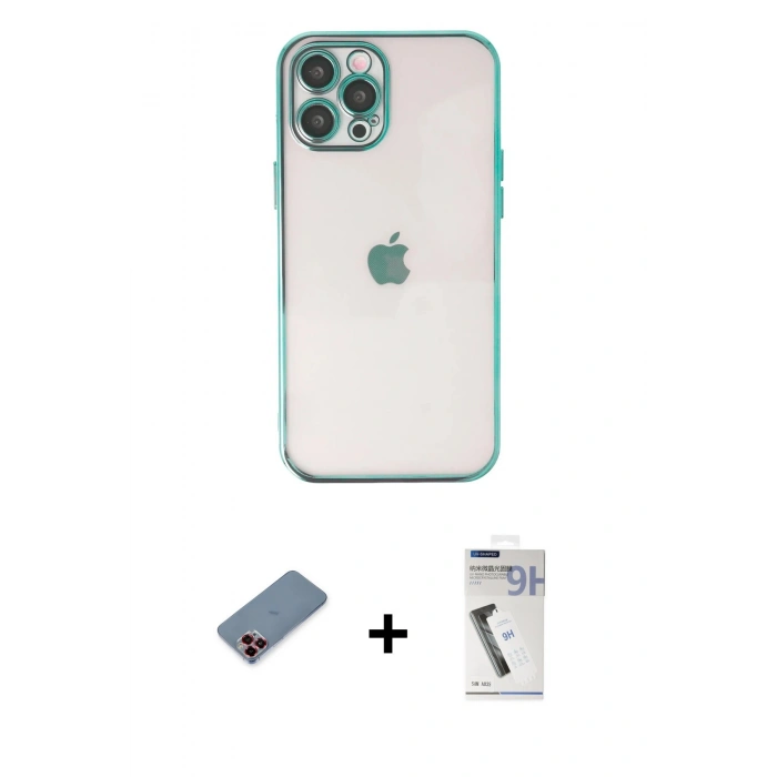 MARSİLYAN™- iPhone 12 Pro Kılıf Vadi Minimal - Şeffaf Uv Polymer Nano Ekran Koruyucu + Metal Kamera Lens Koruma Cam - KI