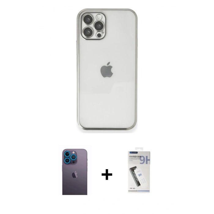 MARSİLYAN™- iPhone 12 Pro Kılıf Vadi Minimal - Şeffaf Uv Polymer Nano Ekran Koruyucu + Neon Fosforlu Kamera Lens - MI