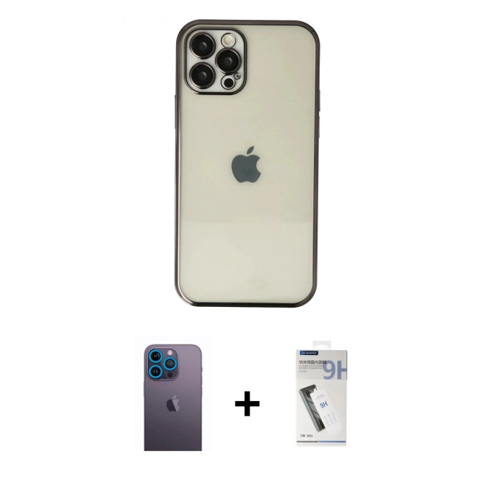 MARSİLYAN™- iPhone 12 Pro Kılıf Vadi Minimal - Şeffaf Uv Polymer Nano Ekran Koruyucu + Neon Fosforlu Kamera Lens - MI