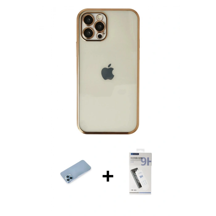 MARSİLYAN™- iPhone 12 Pro Kılıf Vadi Minimal - Şeffaf Uv Polymer Nano Ekran Koruyucu + Mavi Shine Kamera Lens Koruma Cam