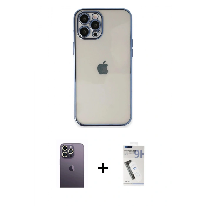 MARSİLYAN™- iPhone 12 Pro Kılıf Vadi Minimal - Şeffaf Uv Polymer Nano Ekran Koruyucu + Neon Fosforlu Kamera Lens - BZ