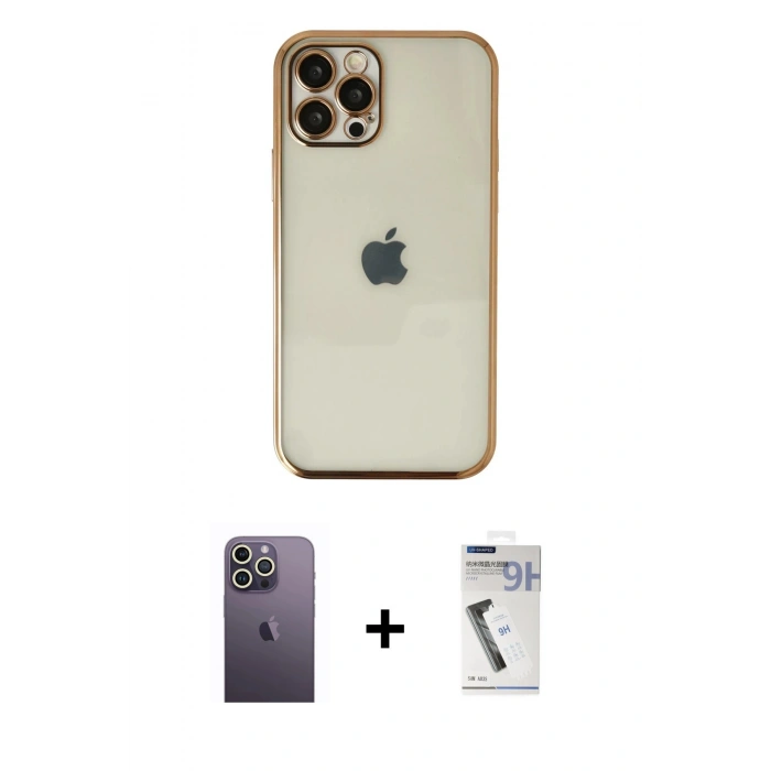 MARSİLYAN™- iPhone 12 Pro Kılıf Vadi Minimal - Şeffaf Uv Polymer Nano Ekran Koruyucu + Neon Fosforlu Kamera Lens - BZ