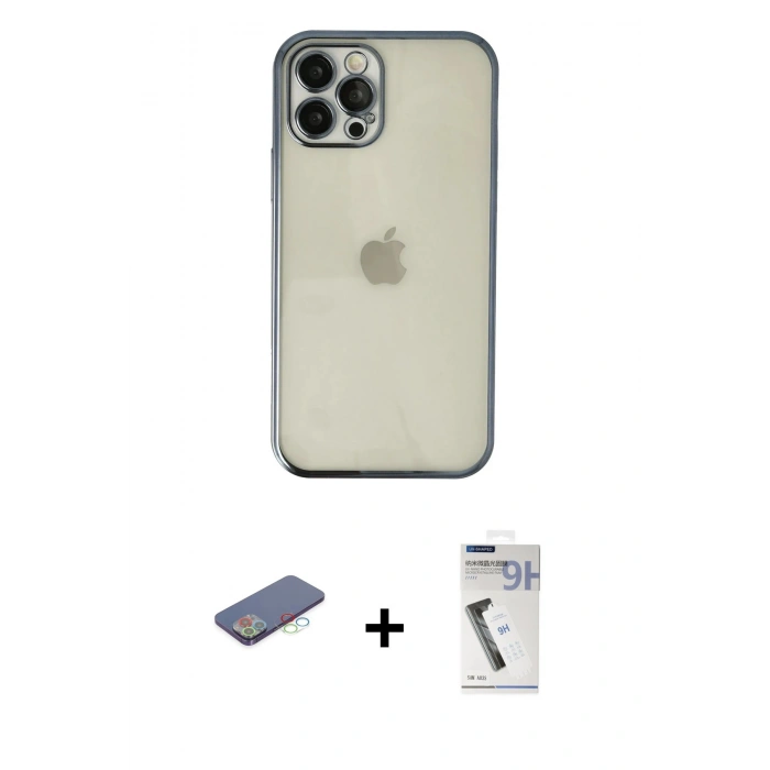 MARSİLYAN™- iPhone 12 Pro Kılıf Vadi Minimal - Şeffaf Uv Polymer Nano Ekran Koruyucu + Renkli Kamera Lens Koruma Cam - MI