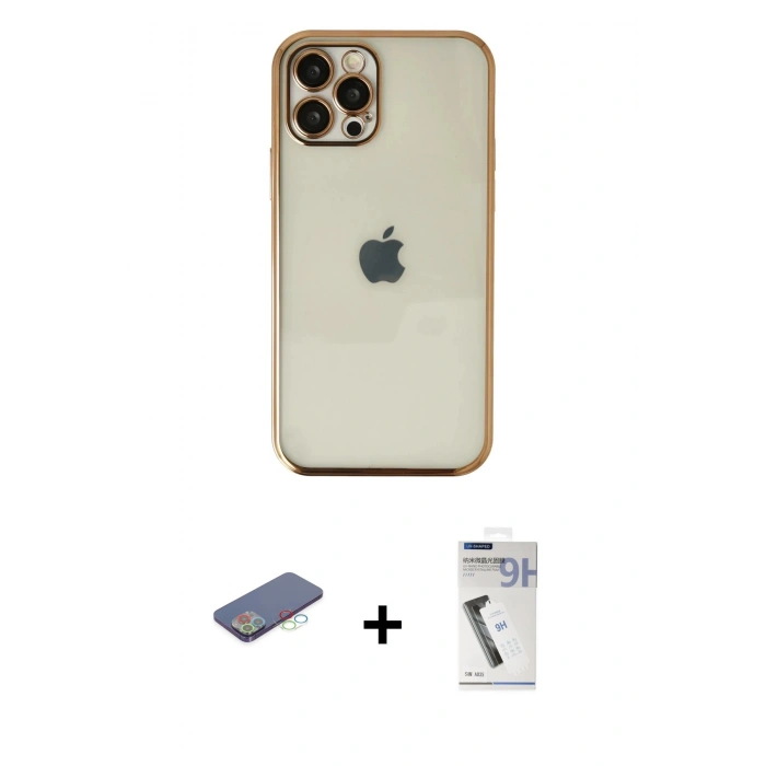 MARSİLYAN™- iPhone 12 Pro Kılıf Vadi Minimal - Şeffaf Uv Polymer Nano Ekran Koruyucu + Renkli Kamera Lens Koruma Cam - MI