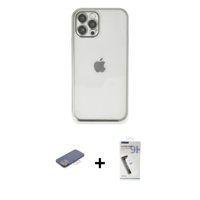 MARSİLYAN™- iPhone 12 Pro Kılıf Vadi Minimal - Şeffaf Uv Polymer Nano Ekran Koruyucu + Renkli Kamera Lens Koruma Cam - MI