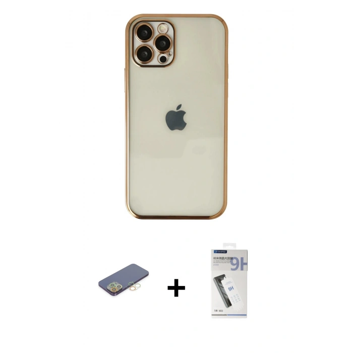 MARSİLYAN™- iPhone 12 Pro Kılıf Vadi Minimal - Şeffaf Uv Polymer Nano Ekran Koruyucu + Renkli Kamera Lens Koruma Cam - SI