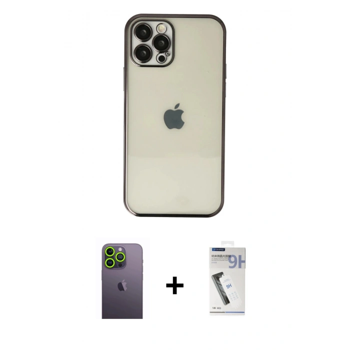 MARSİLYAN™- iPhone 12 Pro Kılıf Vadi Minimal - Şeffaf Uv Polymer Nano Ekran Koruyucu + Neon Fosforlu Kamera Lens - YL