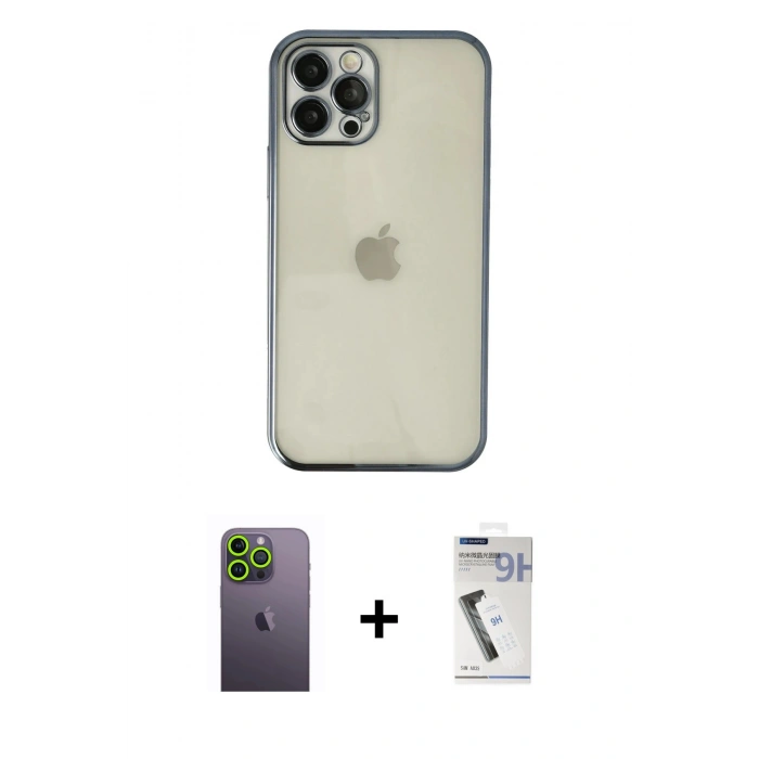 MARSİLYAN™- iPhone 12 Pro Kılıf Vadi Minimal - Şeffaf Uv Polymer Nano Ekran Koruyucu + Neon Fosforlu Kamera Lens - YL