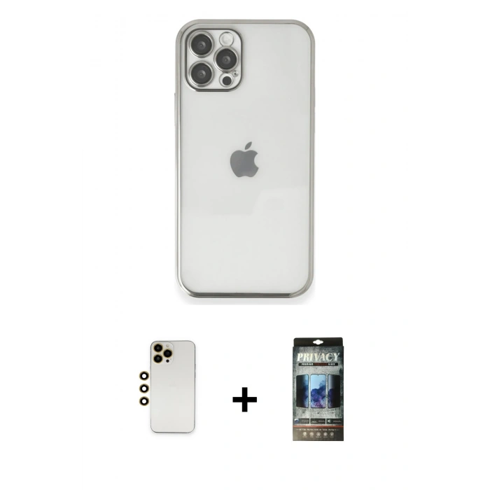 MARSİLYAN™- iPhone 12 Pro Kılıf Vadi Minimal - Siyah 34D Hayalet Izgaralı Cam + Shine Kamera Lens - GD