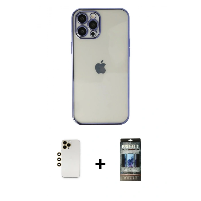 MARSİLYAN™- iPhone 12 Pro Kılıf Vadi Minimal - Siyah 34D Hayalet Izgaralı Cam + Shine Kamera Lens - GD