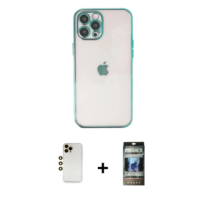 MARSİLYAN™- iPhone 12 Pro Kılıf Vadi Minimal - Siyah 34D Hayalet Izgaralı Cam + Shine Kamera Lens - GD