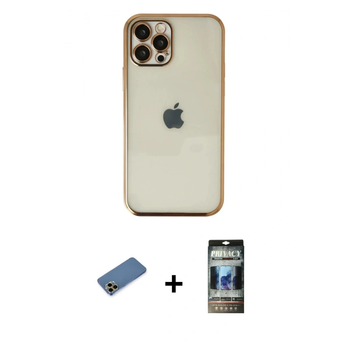 MARSİLYAN™- iPhone 12 Pro Kılıf Vadi Minimal - Siyah 34D Hayalet Izgaralı Cam + Shine Kamera Lens Koruma Cam - GD