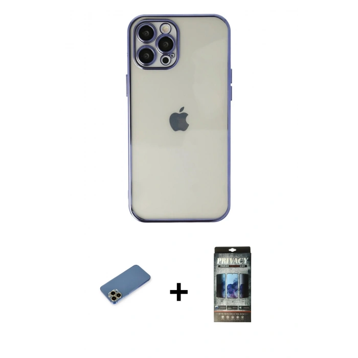 MARSİLYAN™- iPhone 12 Pro Kılıf Vadi Minimal - Siyah 34D Hayalet Izgaralı Cam + Shine Kamera Lens Koruma Cam - GD