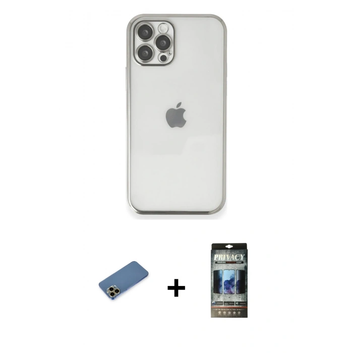 MARSİLYAN™- iPhone 12 Pro Kılıf Vadi Minimal - Siyah 34D Hayalet Izgaralı Cam + Shine Kamera Lens Koruma Cam - GD