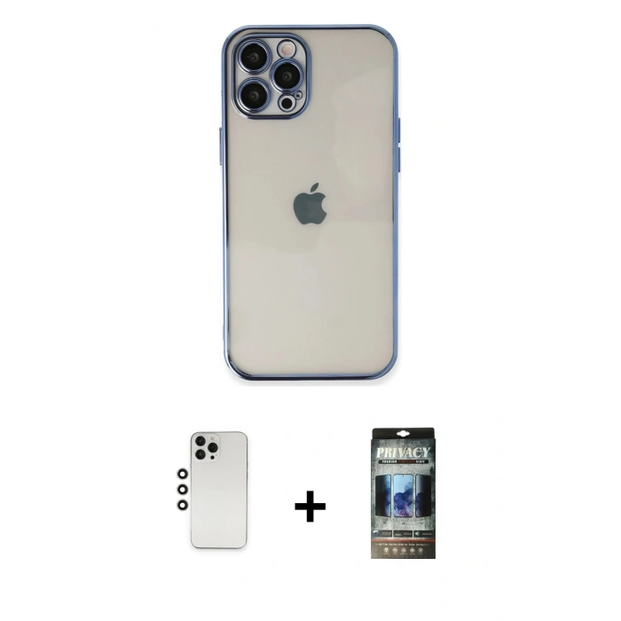 MARSİLYAN™- iPhone 12 Pro Kılıf Vadi Minimal - Siyah 34D Hayalet Izgaralı Cam + Shine Kamera Lens - GS