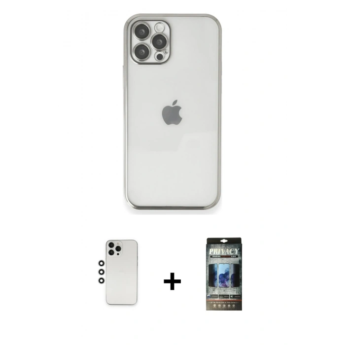 MARSİLYAN™- iPhone 12 Pro Kılıf Vadi Minimal - Siyah 34D Hayalet Izgaralı Cam + Shine Kamera Lens - GS