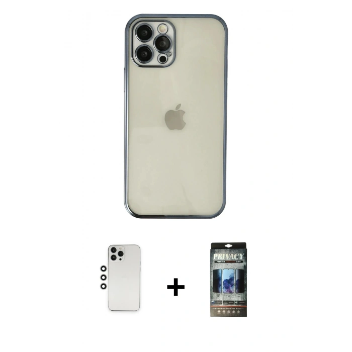 MARSİLYAN™- iPhone 12 Pro Kılıf Vadi Minimal - Siyah 34D Hayalet Izgaralı Cam + Shine Kamera Lens - GS