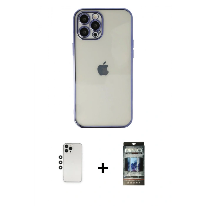 MARSİLYAN™- iPhone 12 Pro Kılıf Vadi Minimal - Siyah 34D Hayalet Izgaralı Cam + Shine Kamera Lens - GS